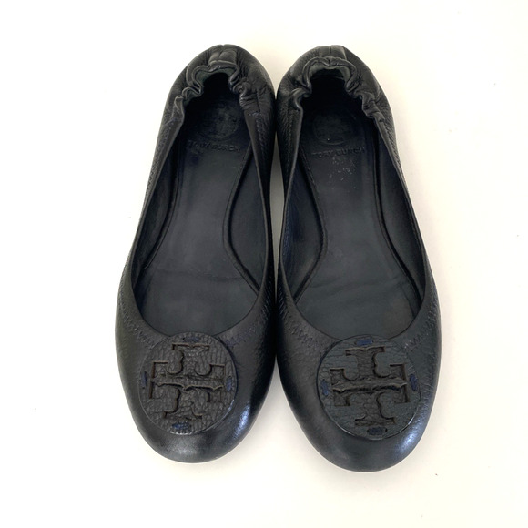 TORY BURCH Classic Minnie Ballet Flat Black Leather Logo Slip On Round Toe 7.5 - Picture 3 of 10